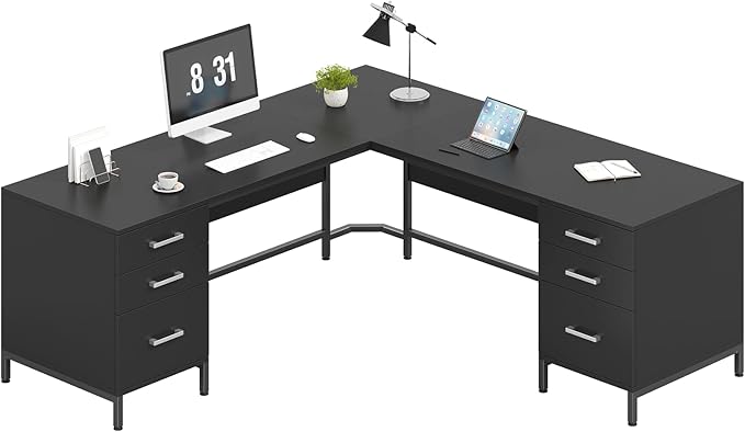 TVU 59’‘ L Shaped Desk with 6 Wood Drawers Large Home Office Corner Computer Desk with Storage File Cabinet Modern Metal Wood Desk for Executive Writing Study Workstation Black