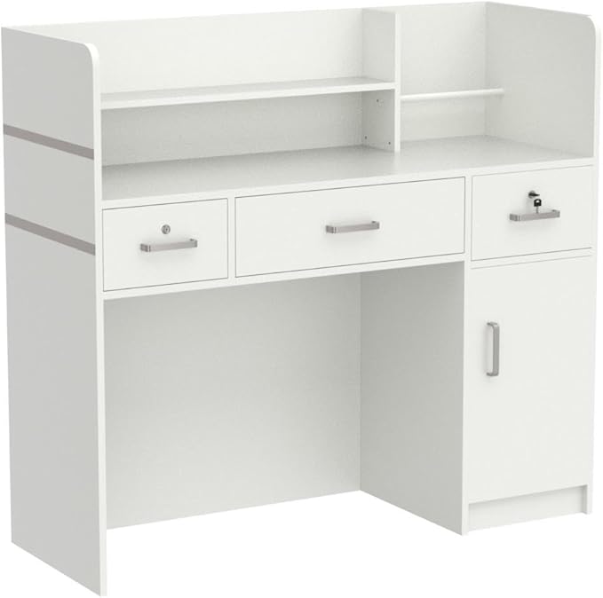 Homsee Modern Reception Desk with 3 Drawers 1 Door Storage Cabinet &amp Hutch Shelf Office Wooden Computer Desk Writing Study Table PC Laptop Desk White (47.3 L x 18.3 W x 43.3 H)