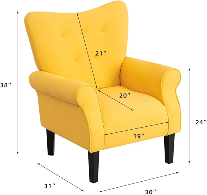 YOLENY Modern Accent ChairHigh Back ArmchairUpholstered Fabric Button Single Sofa with Wooden Legs for Living RoomBedroomClubYellow