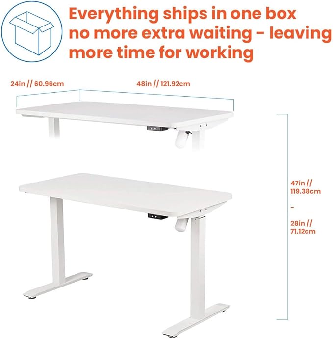MotionWise M1 Series Height Adjustable Electric Sit Stand Desk 48” x 24” Home Office w/Single Wooden Desktop (White)