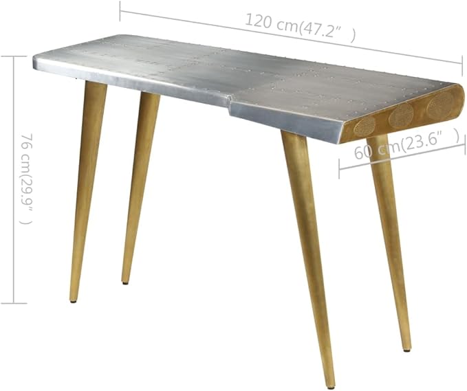 Rustic Computer Writing Desk Home Office Workstation 47.2 Inch Aluminum PC Laptop Stand Console Table Aviator Writing Desk Vintage Aircraft Airman Style Desk Silver