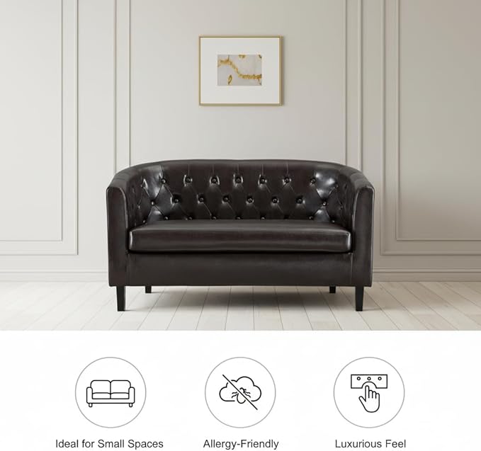 Naomi Home Barrel Love Seat Button Tufted Faux Leather Loveseat Sofas Faux Leather couches Small Loveseats for Small Spaces Bedrooms Love Seat Couches for Living Room - Espresso