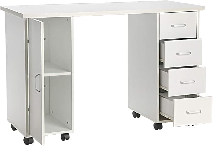 Rolling Desk Table White Computer Desk with 4 Drawers1 DoorWriting Home Office Workstation Mobile Home Office Desk Study Writing Desk with Smooth WheelsSpace Saving Compact Desk for Dorm Apartment