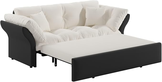 74.8'' Pull Out Sofa Bed Queen Convertible Sleeper Sofa Couch Velvet Loveseat Recliner Comfy Cloud Futon Couch for Living Room Apartment Small Space Bedroom RV Beige
