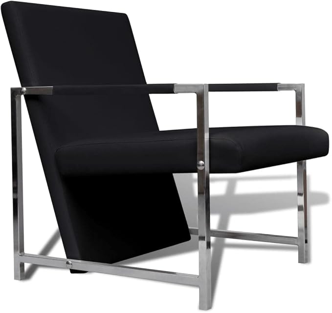vidaXL Armchair Lounge Chair with Chrome Feet Accent Cube Armchair for Home Office Living Room Bedroom Modern Style Black Faux Leather