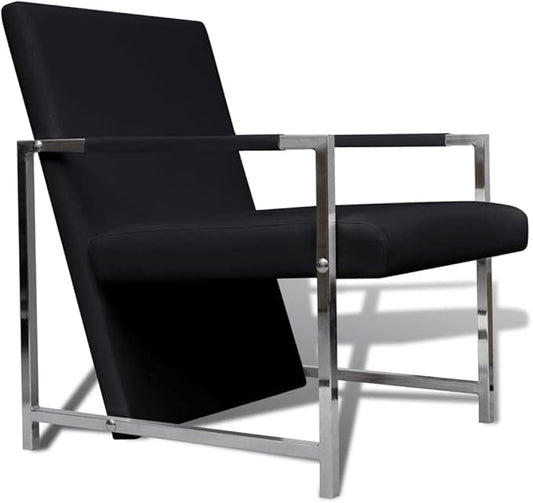 vidaXL Armchair Lounge Chair with Chrome Feet Accent Cube Armchair for Home Office Living Room Bedroom Modern Style Black Faux Leather