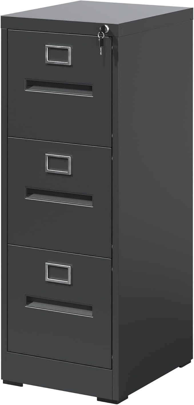3 Drawer Small Metal Vertical File Cabinet with Lock Under Desk Storage Organizer Filing Cabinets for Home Office Locking DrawersAssembly RequiredBlack