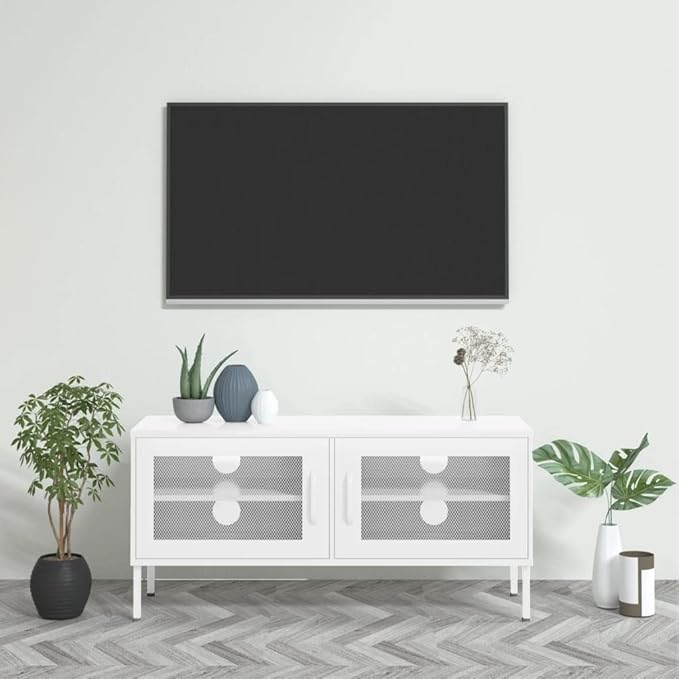 vidaXL Industrial Steel TV Cabinet - White | and Durable TV Stand with Adjustable Levelers and Ample Storage | 41.3x13.8x19.7