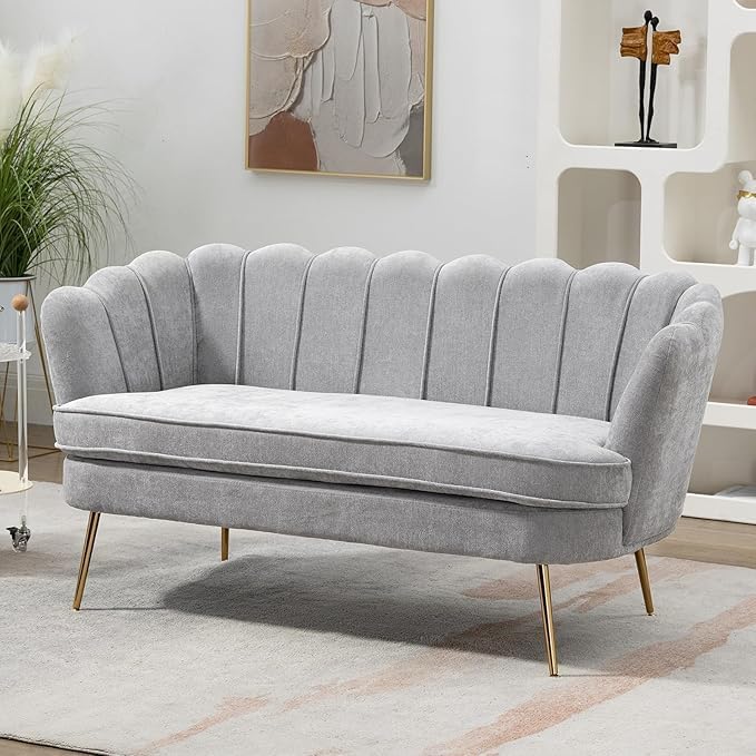 59 Wide Loveseat Sofa Chenille Upholstered Small Couch with Petal-Shaped Design Modern Leisure Sofa with Gold Metal Legs Mini Room Couch for Bedroom Apartment (Light Gray-Chenille)