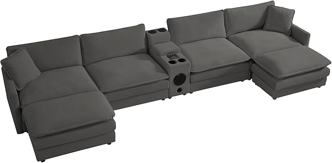162.6 U Shaped Sectional Cloud Couch Oversized Comfy Grey Sectional Couches for Living Room Modular Couch Large Velvet Cloud Sofa with Console Bluetooth Speaker USB Ports Dark Grey