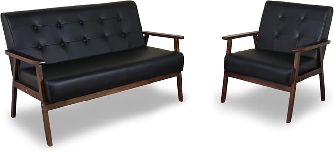AODAILIHB 2 Piece Living Room Furniture Set Black Faux Leather Loveseat and Accent Chair Mid Century Modern Sofa and Chair Set with Solid Wood Arms for Office Reception &amp Apartment