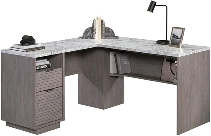 Pemberly Row Engineered Wood L-Shaped Desk 59 in x 58 in x 30 in Ashen Oak Finish Durable Home Office Desk with Storage Drawers and Shelves Compact Workspace for Study or Dorm Room Use