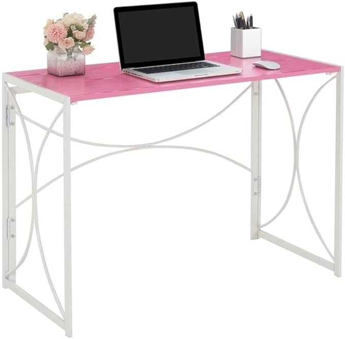 Pemberly Row Folding Desk 39.5 x 19.75 x 29.5 in Pink Wood Top White Metal Frame Space-Saving Design Lightweight Portable Desk for Home Office Dorm Room Compact Workspaces