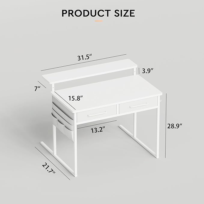 Small desk with Drawers 31.5X15.8-22.9 Inches Office Computer Desk with Side Pocket &amp Ergonomic Adjustable Monitor Stand Writing Table for Small Spaces Kids desk vanity desk Bedroom White