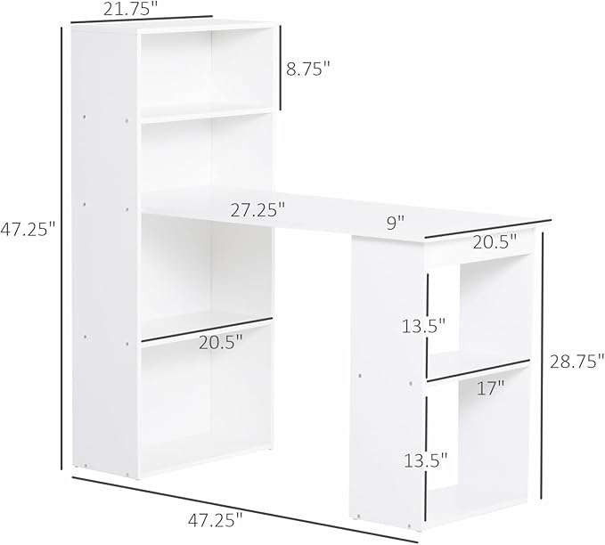 Modern Home Office Desk with Storage Shelves - 47 White Writing Table for Computer &amp Books