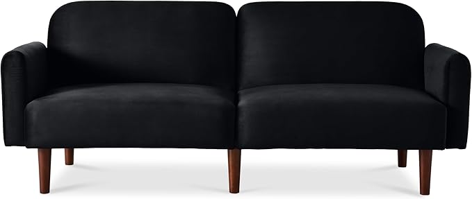 Best Choice Products 77 Mid Century Modern Velvet Loveseat Sofa Couch Convertible Sofa Sleeper Bed w/Real Wood Removable Armrest - Onyx Black