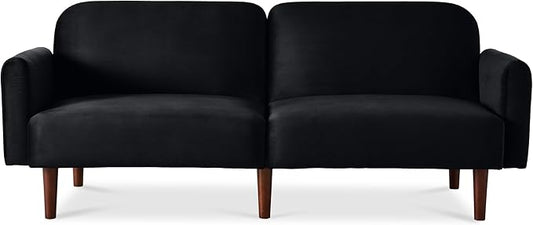 Best Choice Products 77 Mid Century Modern Velvet Loveseat Sofa Couch Convertible Sofa Sleeper Bed w/Real Wood Removable Armrest - Onyx Black