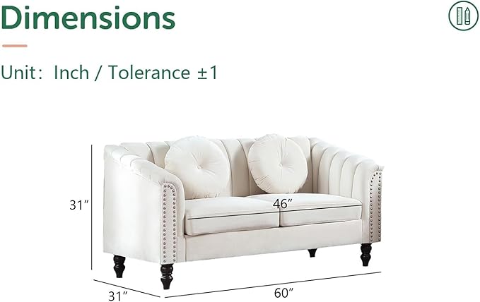 Chesterfield Loveseat Couch 60 Inch Luxurious Velvet Modern Love Seat Chesterfield Settee Sofa Upholstered Rolled Arm with Rivets/2 Button Tufted Pillow 2 Seater Sofa for Living RoomWhite
