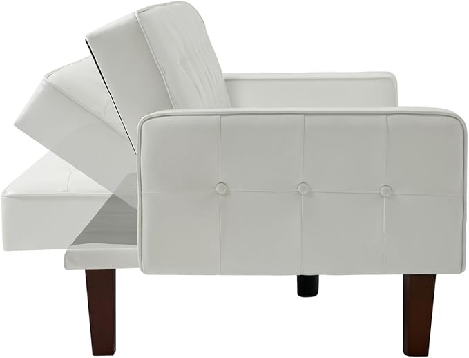 Vegan Leather Sofa Bed Sleeper Couch 74.4 Inch Convertible Loveseat Size for Small Space 3 Seater Chesterfield Button Tufted for Office Apartment Dorm Living Room White