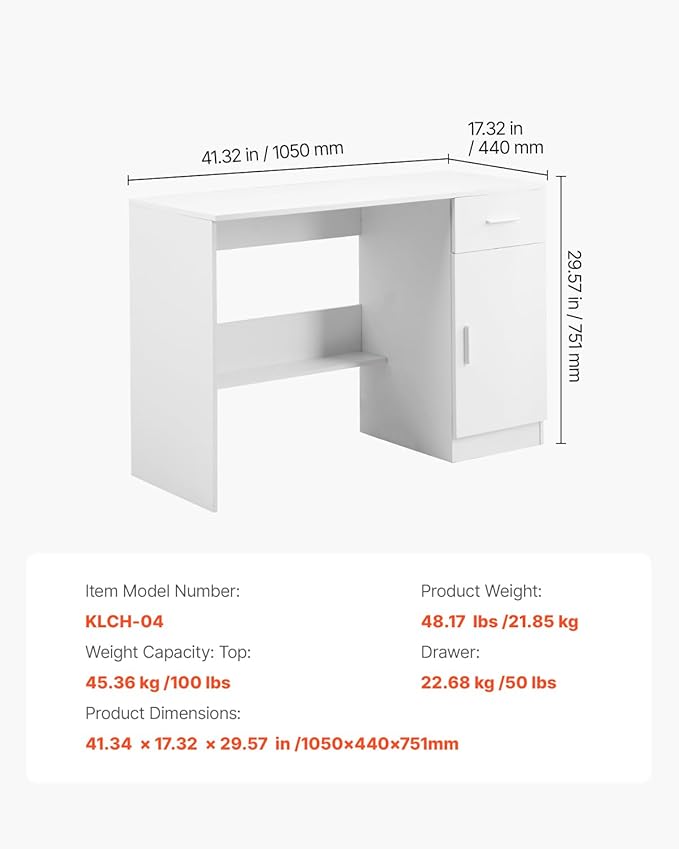 VEVOR Small Desk with Drawer Kids Desk for Bedroom Wooden Simple Study Table for Drawing Reading Writing Rectangle MDF Study Storage Table with Adjustable Shelf for Home Office White