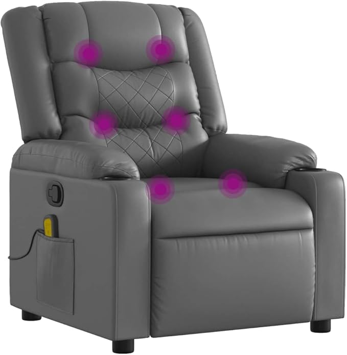 vidaXL Ergonomic Massage Recliner Chair-Adjustable Faux Leather Armchair w/Vibration Manual Recline Cup Holders for Living Room/Lounge-Gray