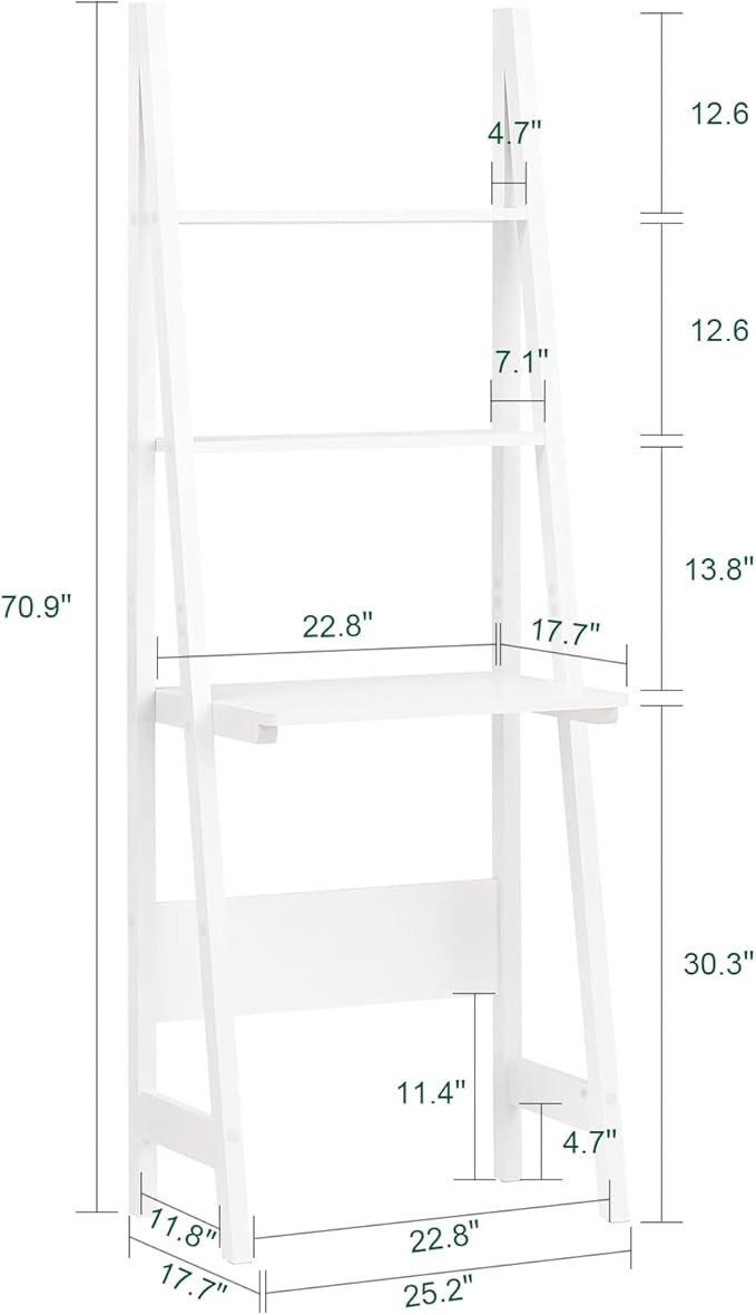 Ladder Desk with Shelves - Compact Slim White Desk with Storage for Small Spaces Modern Home Office Workstation Desk Freestanding Narrow Writing Desk with Open Shelves White FRG60