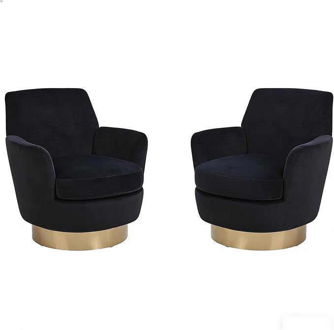 Velvet Swivel Accent Chair Set of 2 Upholstered Barrel Chair with Golden Base Comfy Round Boucle Chair 360° Swivel Armchair for Living Room Bedroom Lounge Office Nursery Sillas Para SalaBlack