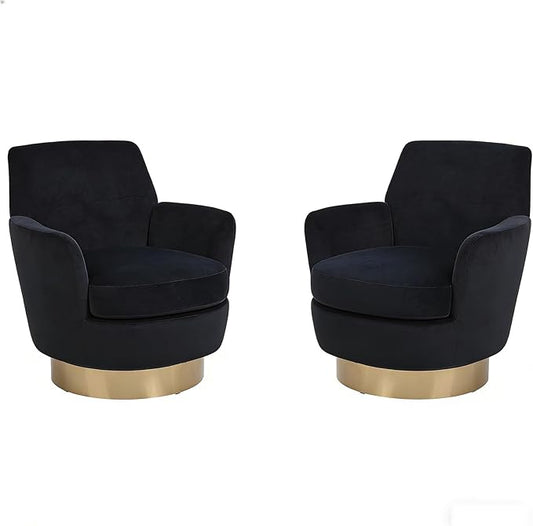 Velvet Swivel Accent Chair Set of 2 Upholstered Barrel Chair with Golden Base Comfy Round Boucle Chair 360° Swivel Armchair for Living Room Bedroom Lounge Office Nursery Sillas Para SalaBlack