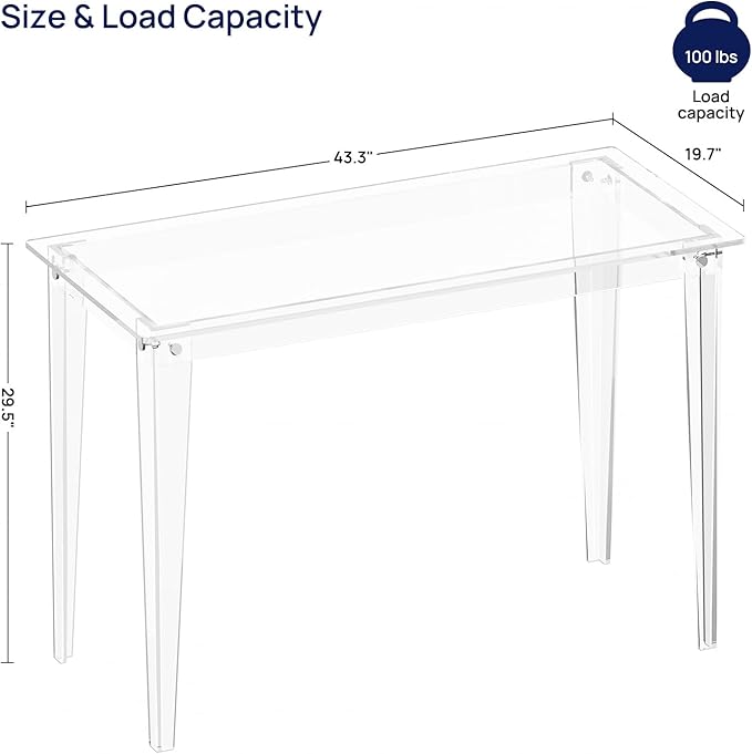 HMYHUM Acrylic Computer Desk 43.3 Inch Clear Study Desk for Home Office Writing Vanity Modern Easy Assembly 19.7 W x 29.5 H Right-Angle Legs Design