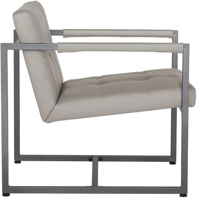 Pemberly Row Small Accent Chair Metal and Leather Pewter Finish Off White Mushroom Color 27.5 W x 30.5 D x 29.25 H Mid-Century Style Living Room or Office Seating Durable Powder-Coated Frame