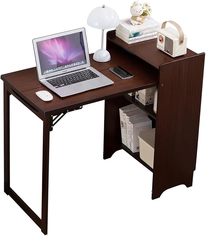 KEIKI Extendable Computer Desk Bamboo Folding Desk Computer Desk with Hidden Storage and Built-in Socket Mid Century Foldable Table for Home Office and Bedroom Walnut Brown