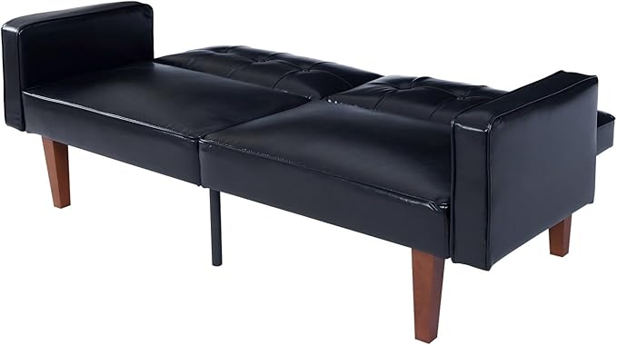 Faux Leather Adjustable Sofa Two-Seater Sofa with Wooden Legs Foldable Sofa Bed mid-Century Style Lounge Sofa Suitable for Apartments Living Room Bedroom Study Office Lounge black (black)