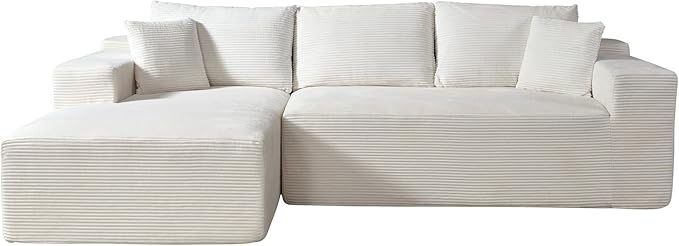 Ridge 2-Piece Convertible Corduroy L-Shaped Sofa in a Box with Pillows 3-Seater Modular Sectional Couch Compressed Living Room Furniture Beige (Left Facing)