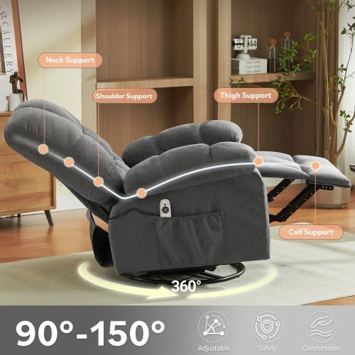 Oversized Recliner Chair for Adults w/ 8-Point 3D Kneading Massage and Lumbar Heating Swivel Rocker Recliner w/USB Charge Port for Living Room Ergonomic Lazy Boy Single Sofa Chair (Gray New)