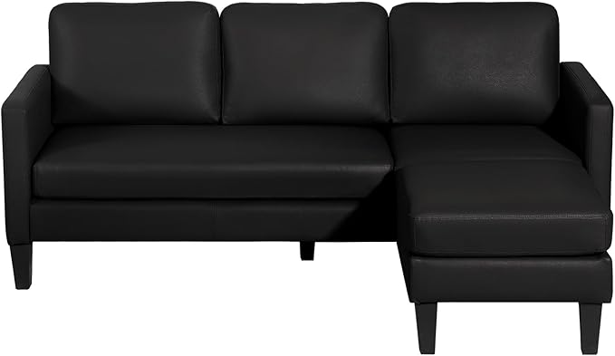 Leather L-Shaped Faux Leather Sofa Couch - Convertible Sectional Sofa - 3 Seat Couch with Chaise - Black