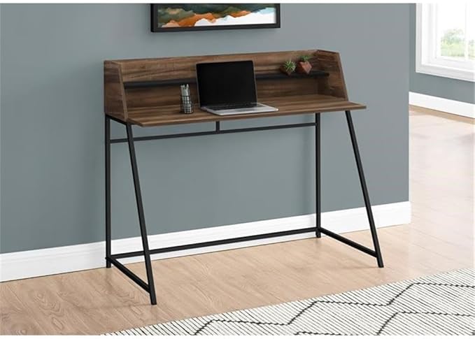 Pemberly Row Computer Desk 48 in Particle Board and Metal Brown Wood-Look Finish Black Shelf Contemporary Trapezoid-Leg Home Office Table with Storage Hutch and Compact Design