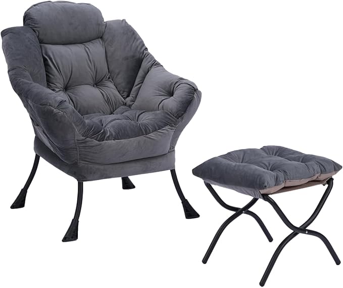 Living Room Chairs Modern Cotton Fabric Lazy Chair Accent Contemporary Lounge Chair Single Steel e Leisure Sofa Chair with Armrests and A Side Pocket (Dark Gray)with Ottomanwith footrest