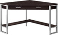Pemberly Row Corner Computer Desk 42 L Particle Board and Metal Cappuccino and Silver Finish 1 Drawer with Shelf Traditional Style for Home Office or Apartment Workspace