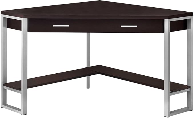 Pemberly Row Corner Computer Desk 42 L Particle Board and Metal Cappuccino and Silver Finish 1 Drawer with Shelf Traditional Style for Home Office or Apartment Workspace