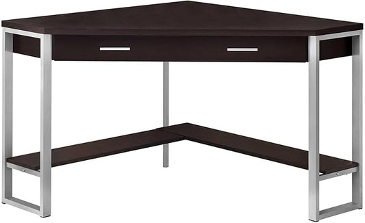Pemberly Row Corner Computer Desk 42 L Particle Board and Metal Cappuccino and Silver Finish 1 Drawer with Shelf Traditional Style for Home Office or Apartment Workspace
