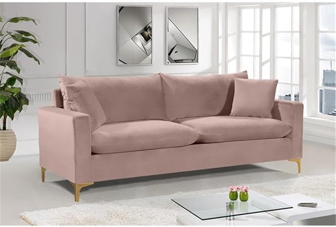 Meridian Furniture Naomi Collection Modern | Contemporary Pink Velvet Upholstered Sofa with Stainless Steel Base in a Rich Gold Finish