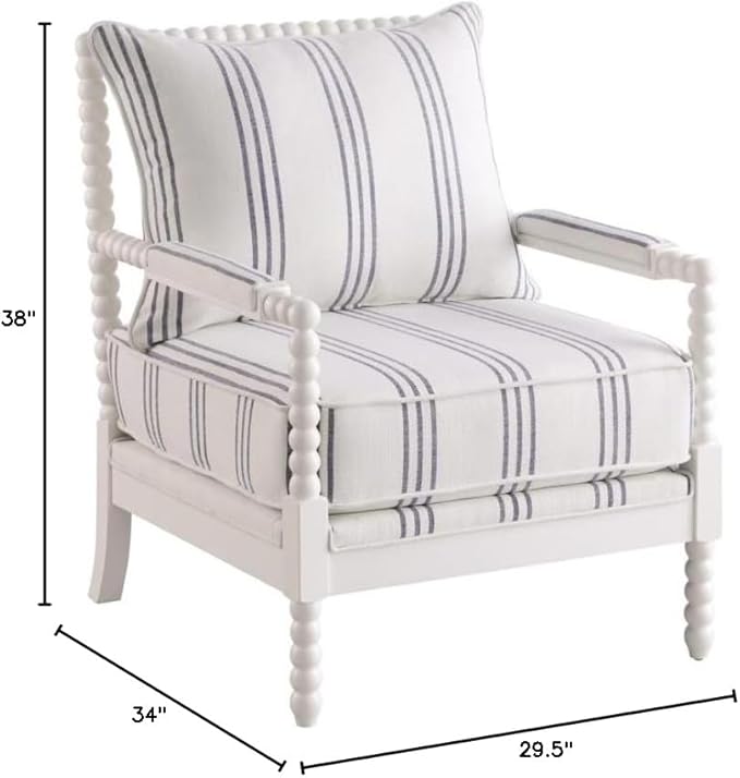 BOWERY HILL Fabric Upholstered Accent Chair 38 H x 29.5 W x 34 D Linen-Like White with Navy Stripes Spindle Frame Rubberwood Construction Padded Armrests Stationary Design for Living Room or