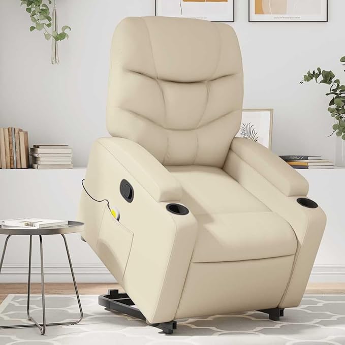 vidaXL Cream Faux Leather Power Lift Massage Recliner | Electric Standing Armchair for Elderly with Cup Holders and USB