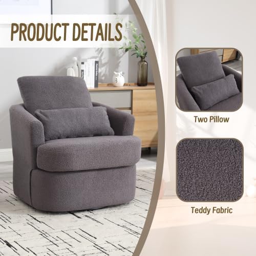 QQU 360° Swivel Barrel Chair Oversized Round Accent Sofa with Removable Pillows Modern Circle Couch Sofa Chair &amp Chaise Lounge Soft Swivel Armchair for Living Rooms Bedrooms Apartments Grey