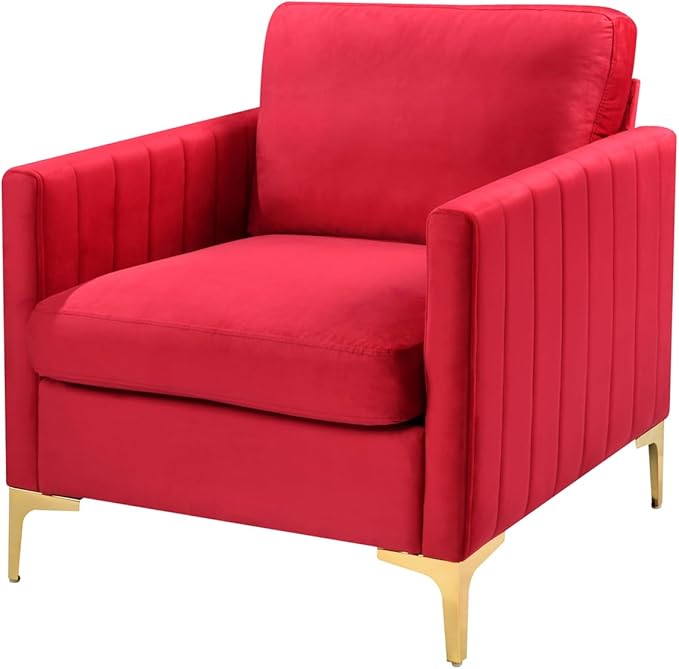 Red Velvet Accent Chair Upholstered Armchair with Gold Metal Legs Modern Single Sofa Chair for Living Room Bedroom Office