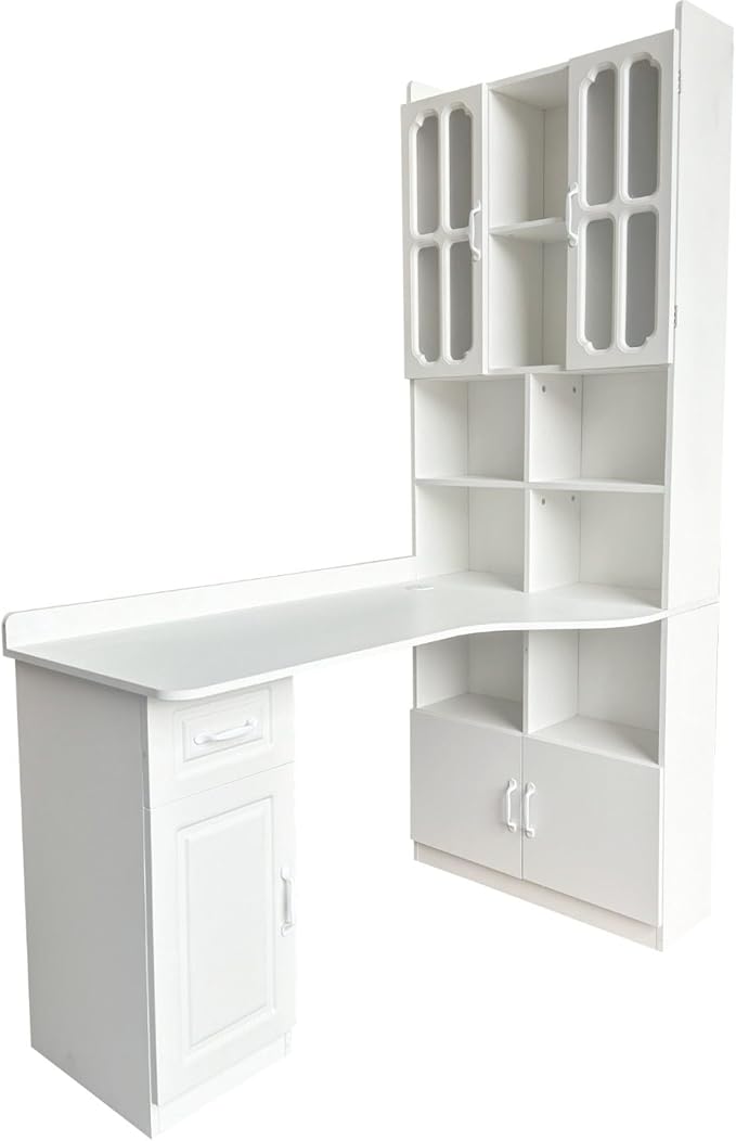 L-Shaped Corner Computer Desk with Hutch Home Office Desk with Storage Shelves Bookcase Cabinet &amp Drawer for Study Room Large Working Space Computer Table for Small Space