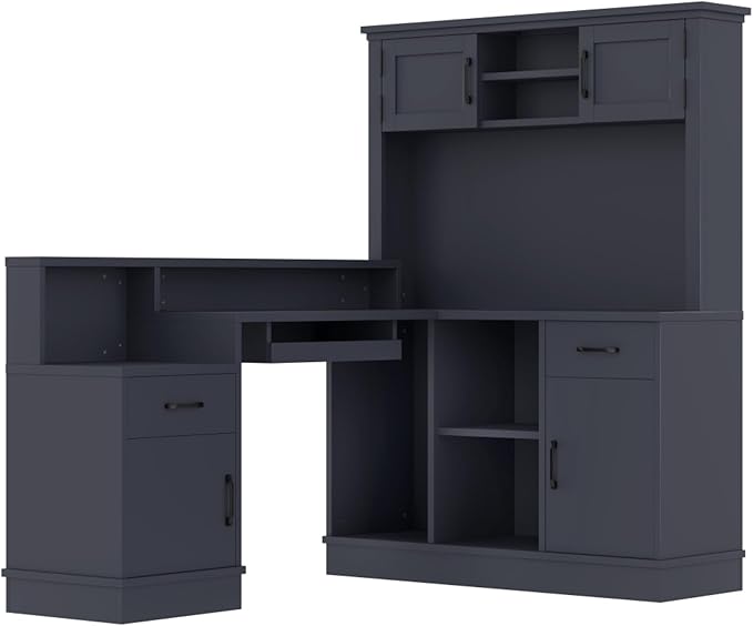 L-Shaped Home Office Desk with Storage Drawers Shelves and Cabinet Study Table Gaming Computer Desk with Keyboard Tray for Apartroom Living Room Blue