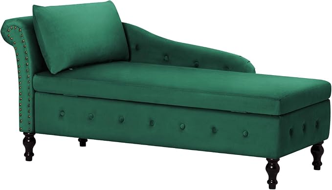 Upholstered Chaise Lounge with Left Armrest &amp Lumbar PillowButton Tufted Lounge Sofa with StorageLounge Chair IndoorModern Velvet Lounge Chair for Bedroom Living Room and OfficeGreen
