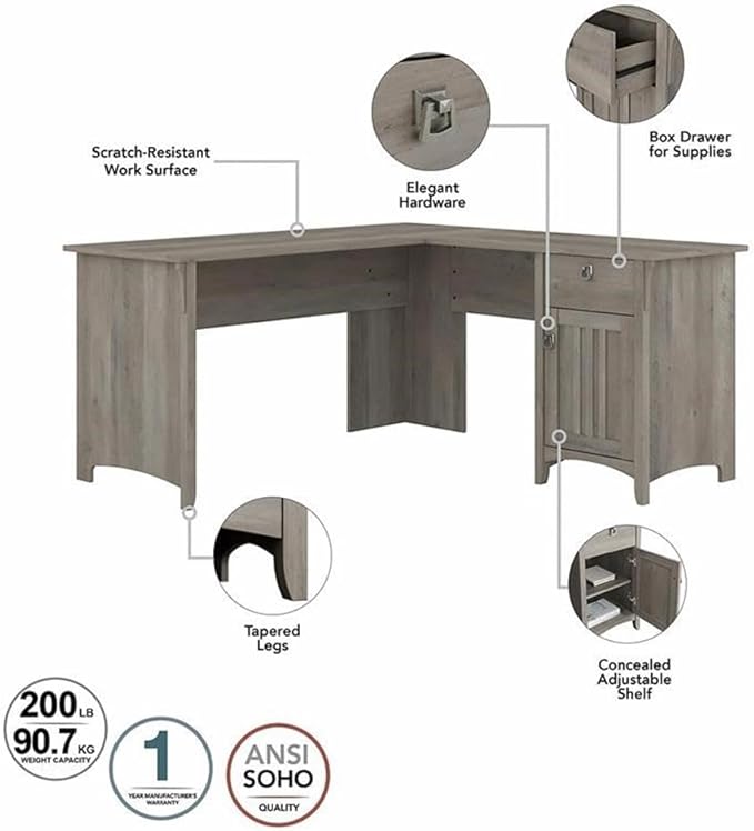 Bush Home Salinas L Shaped Desk with Hutch in Driftwood Gray | Corner Table with Drawers and Storage for Home Office