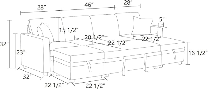 Sleeper Sofa Couch Bed Convertible Sofa Bed with Armrests Sectional Sofa with Storage Seat U Shaped Sectional Couch with Reversible Chaise for Living Room Apartment Bedroom Office